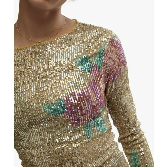 Free People Gold Rush Sequin Floral Medium Long Sleeve Top NWT - Picture 2 of 8
